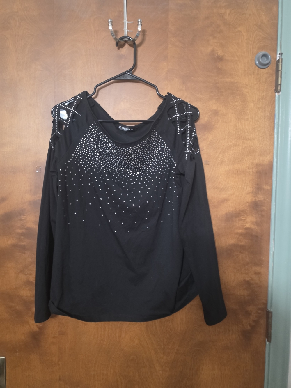Z. Cavaricci Black Cold-Shoulder Long-Sleeve Top with Rhinestone Detail